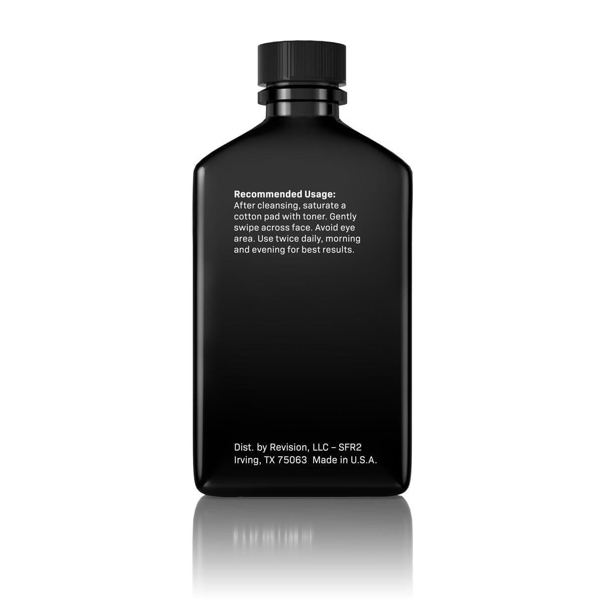 A black rectangular bottle with a black cap, labeled with white instructions for Revision Skincare Soothing Facial Rinse 6.7 fl oz (alcohol-free, ideal for sensitive skin), plus manufacturer info at the bottom.