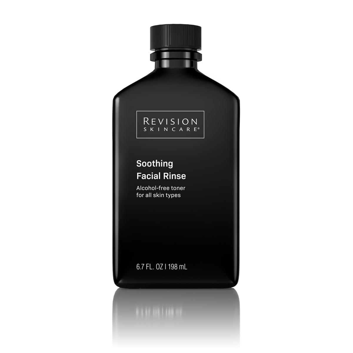A black bottle of Revision Skincare Soothing Facial Rinse 6.7 fl oz, alcohol-free and ideal for sensitive skin, is displayed against a white background.